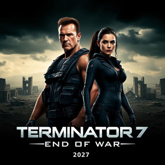 A teaser poster for the movie 'Terminator 7: End Of War (2025)' featuring Arnold Schwarzenegger and Jenna Ortega