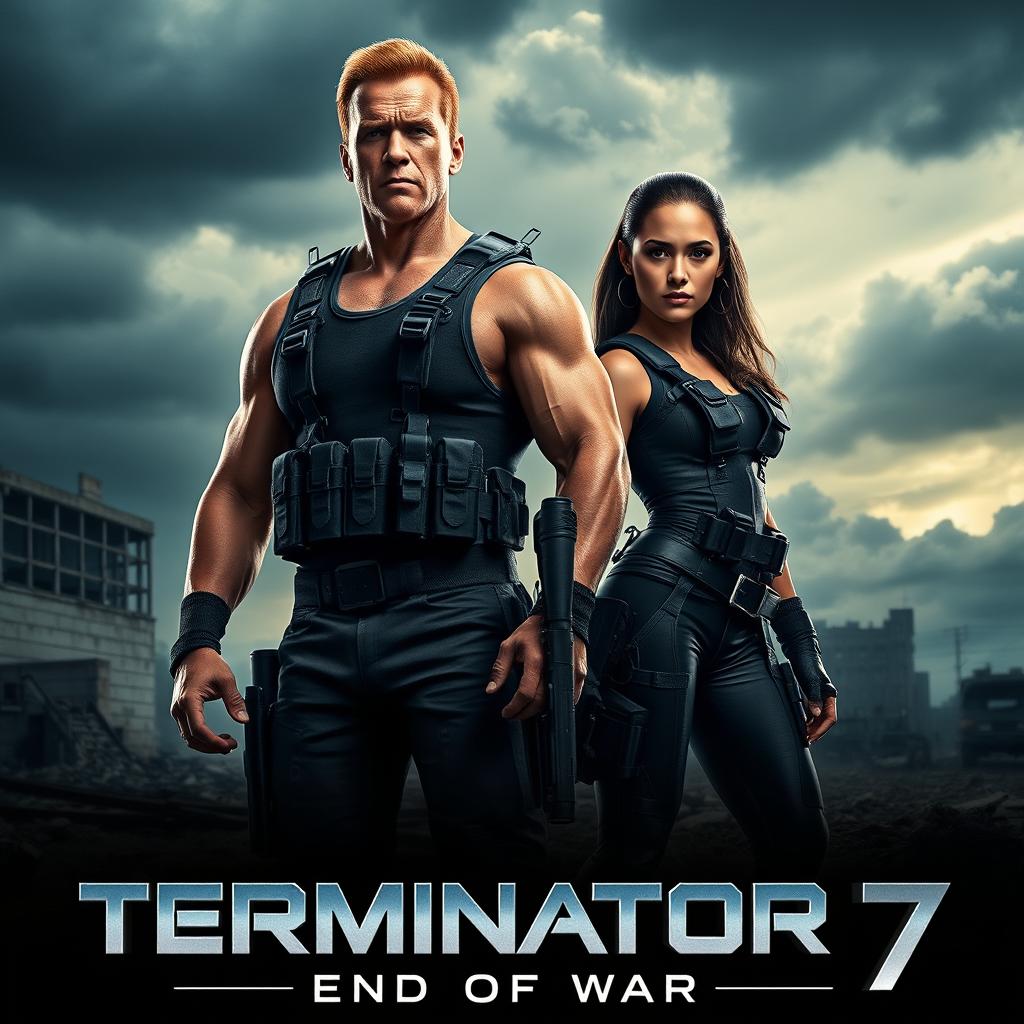 A teaser poster for the movie 'Terminator 7: End Of War (2025)' featuring Arnold Schwarzenegger and Jenna Ortega