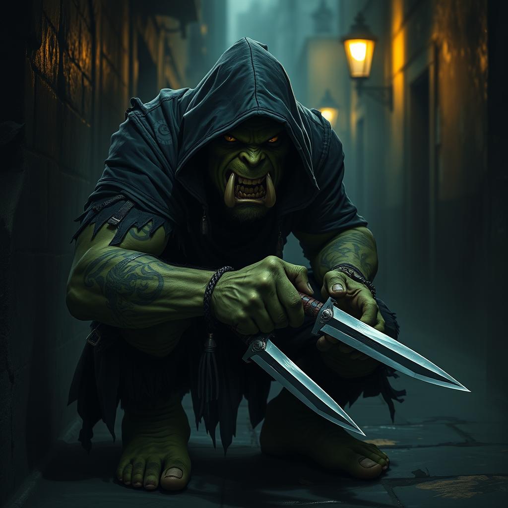 A stealthy green orc assassin, cloaked in dark, tattered garments that blend into the shadows