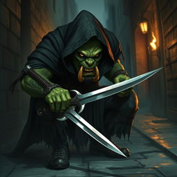 A stealthy green orc assassin, cloaked in dark, tattered garments that blend into the shadows
