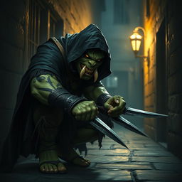 A stealthy green orc assassin, cloaked in dark, tattered garments that blend into the shadows