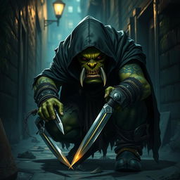 A stealthy green orc assassin, cloaked in dark, tattered garments that blend into the shadows