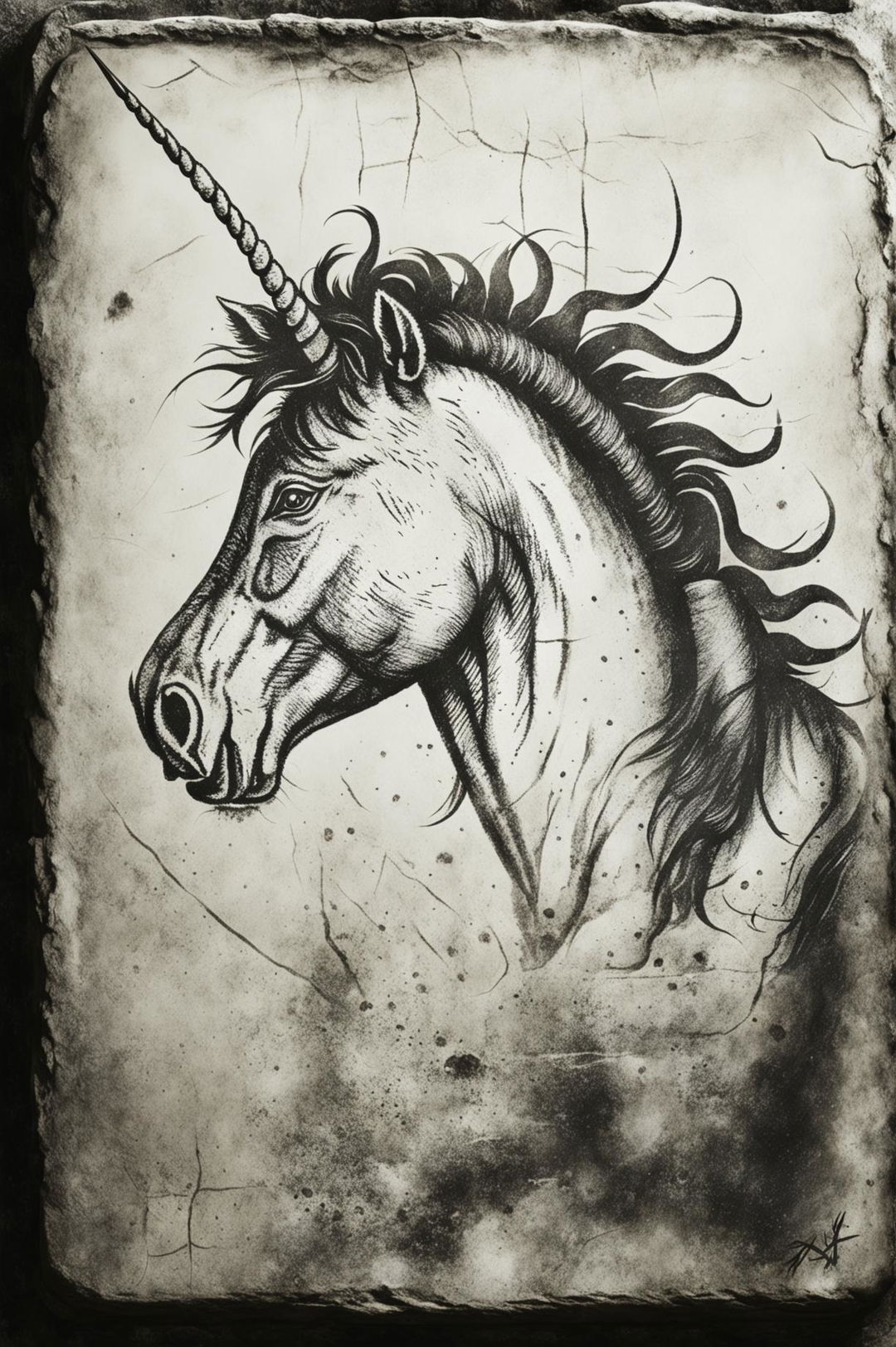 A fine art sketch of a unicorn, done in the style of ancient cave paintings or petroglyphs