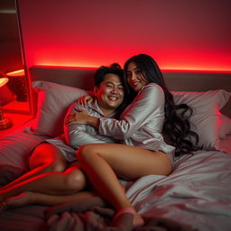 A serene nighttime setting in a stylish bedroom where a Chinese man is lying comfortably while hugging beautiful, sexy women dressed in chic pajamas