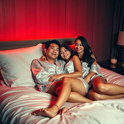 A serene nighttime setting in a stylish bedroom where a Chinese man is lying comfortably while hugging beautiful, sexy women dressed in chic pajamas