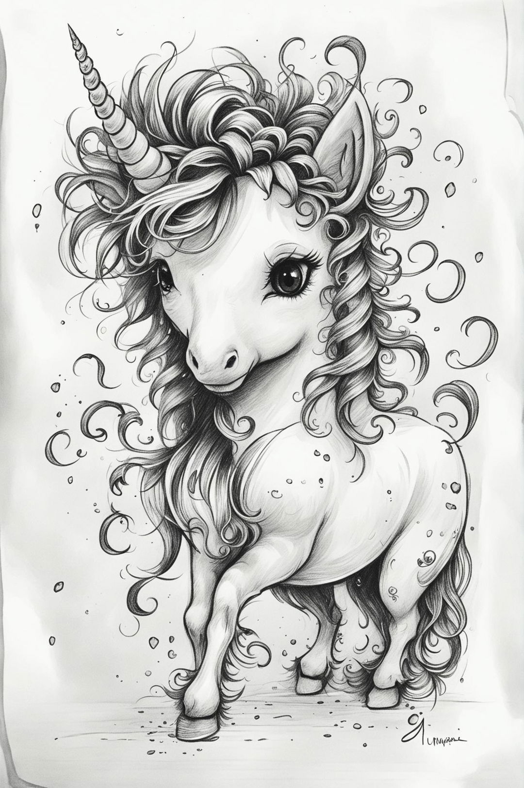 A cute and charming sketch of a playful unicorn