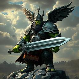 A formidable green orc knight clad in heavy, ornate armor with intricate engravings, embodying the essence of a seasoned warrior