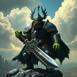 A formidable green orc knight clad in heavy, ornate armor with intricate engravings, embodying the essence of a seasoned warrior