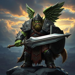 A formidable green orc knight clad in heavy, ornate armor with intricate engravings, embodying the essence of a seasoned warrior