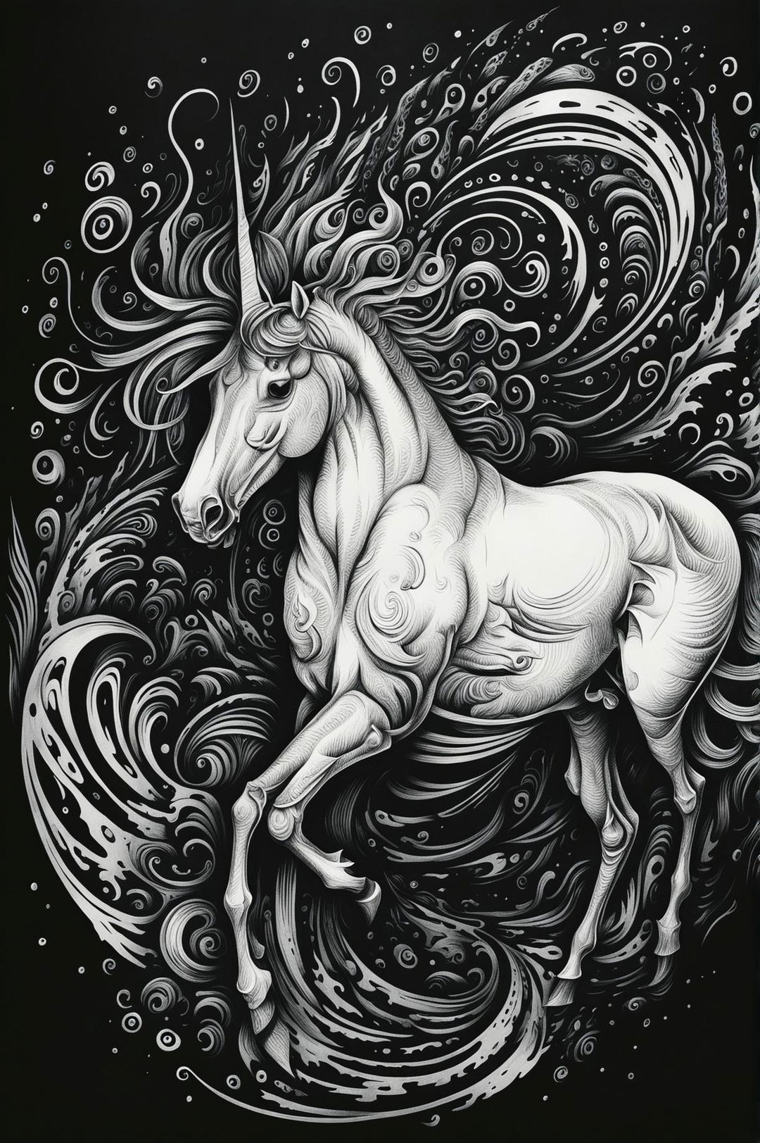 A captivating sketch of a unicorn, rendered in a psychedelic style