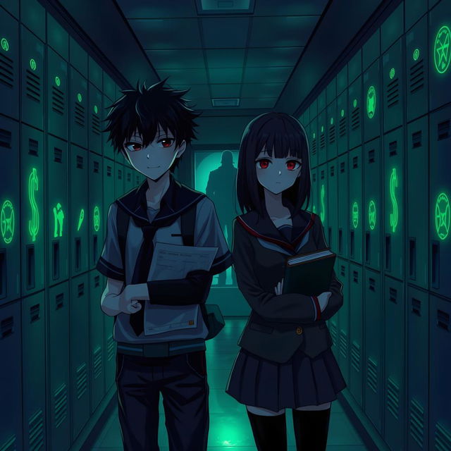 A dramatic anime-style scene featuring two characters standing in a dimly lit school hallway lined with lockers