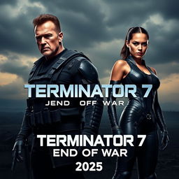 A teaser poster for the movie 'Terminator 7: End Of War (2025)' featuring Arnold Schwarzenegger and Jenna Ortega