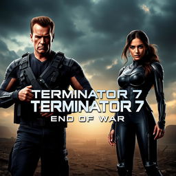 A teaser poster for the movie 'Terminator 7: End Of War (2025)' featuring Arnold Schwarzenegger and Jenna Ortega