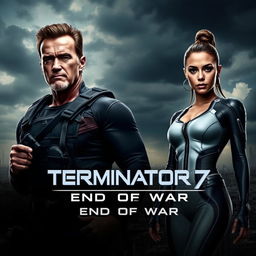 A teaser poster for the movie 'Terminator 7: End Of War (2025)' featuring Arnold Schwarzenegger and Jenna Ortega