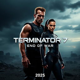 A teaser poster for the movie 'Terminator 7: End Of War (2025)' featuring Arnold Schwarzenegger and Jenna Ortega