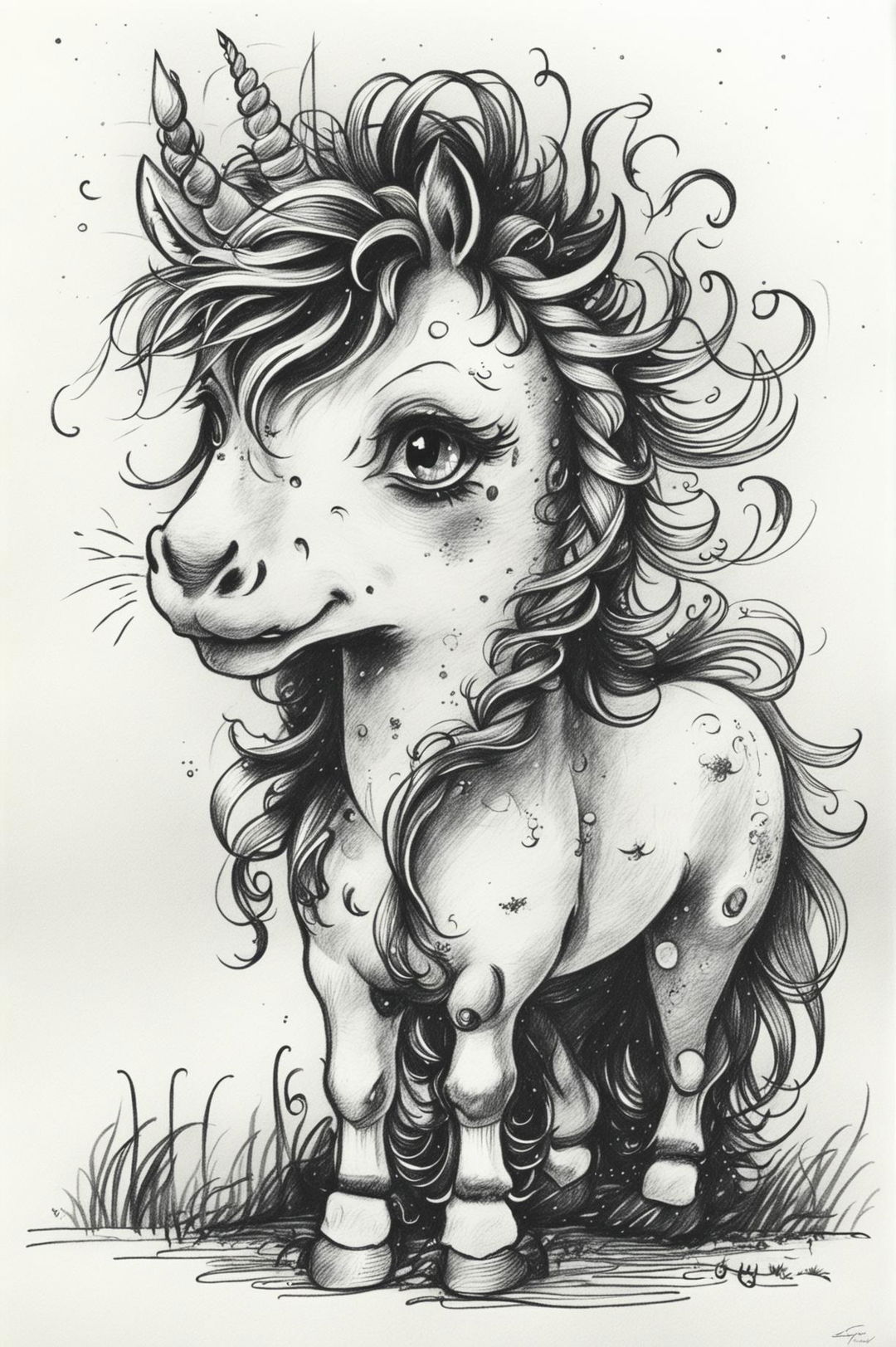 A charming and endearing ballpoint pen sketch of a playful unicorn