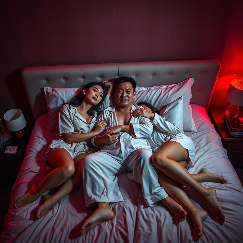A cozy scene in a dimly lit bedroom at night, featuring a Chinese man lying on a plush bed, warmly embracing two beautiful and sexy women