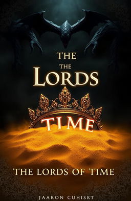 A beautifully detailed diadem partially buried in golden sand, surrounded by a mysterious, dark atmosphere