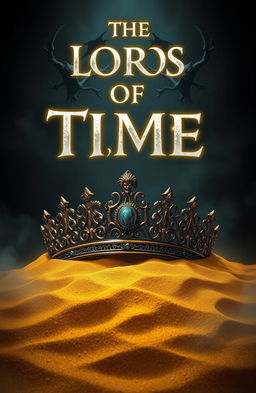 A beautifully detailed diadem partially buried in golden sand, surrounded by a mysterious, dark atmosphere