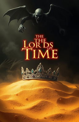 A beautifully detailed diadem partially buried in golden sand, surrounded by a mysterious, dark atmosphere