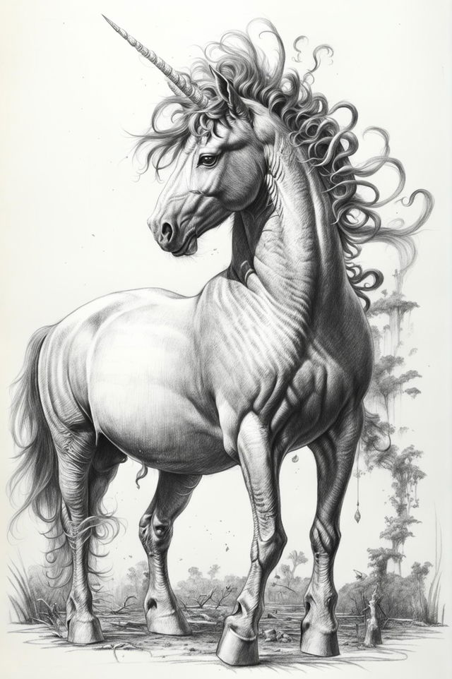 This is a high-quality, hand-drawn pencil sketch of a unicorn