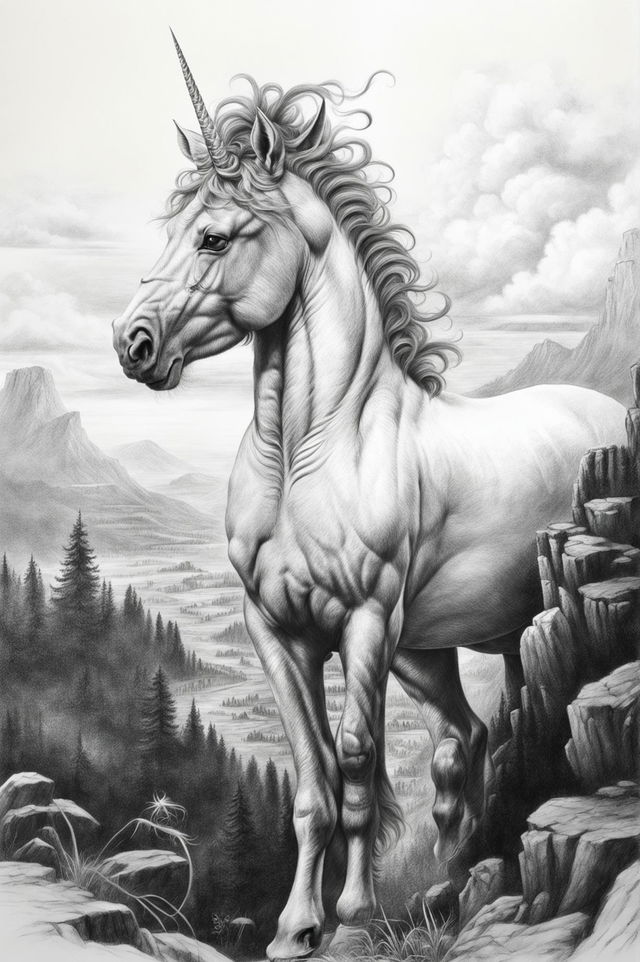 This is another high-quality, hand-drawn pencil sketch of a unicorn