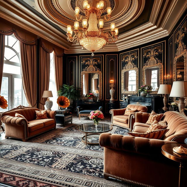 A lavish living room inspired by the Great Gatsby era, featuring opulent Art Deco furniture, plush velvet sofas, and a grand chandelier sparkling above