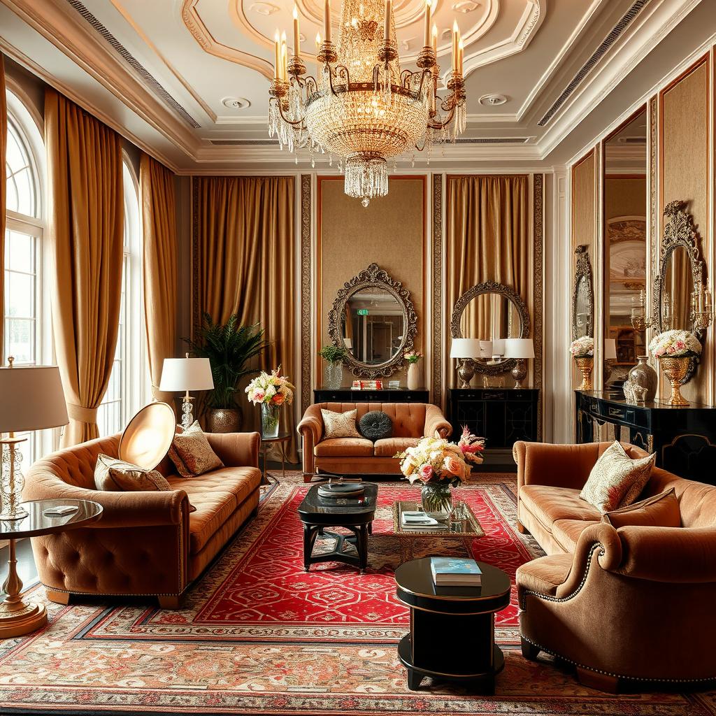 A lavish living room inspired by the Great Gatsby era, featuring opulent Art Deco furniture, plush velvet sofas, and a grand chandelier sparkling above