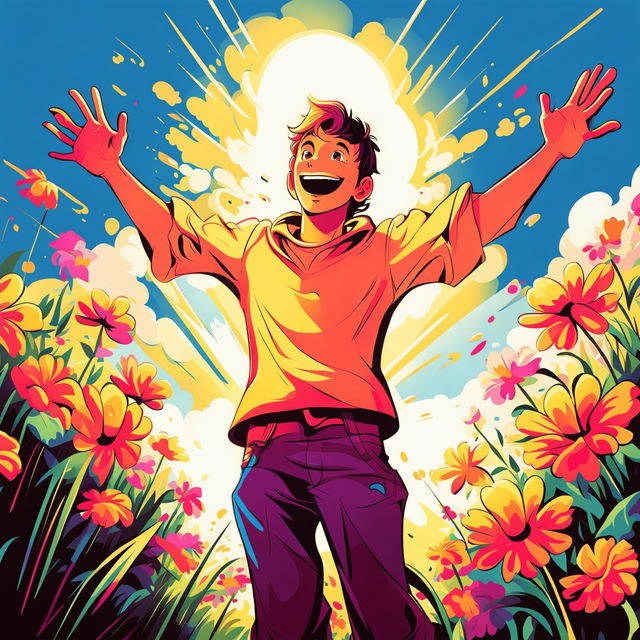 A vibrant, digital art piece depicting a person in a state of joy on a sunny day, with a cartoon-like style and high-quality details