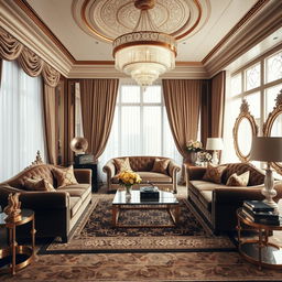 A lavish living room inspired by the Great Gatsby era, featuring opulent Art Deco furniture, plush velvet sofas, and a grand chandelier sparkling above