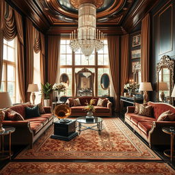 A lavish living room inspired by the Great Gatsby era, featuring opulent Art Deco furniture, plush velvet sofas, and a grand chandelier sparkling above