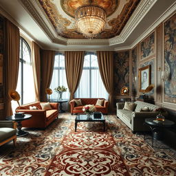 A luxurious living room inspired by the Great Gatsby era, emphasizing a stunning, ornate carpet with intricate geometric patterns typical of Art Deco design