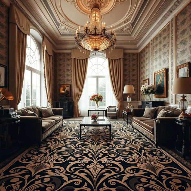 A luxurious living room inspired by the Great Gatsby era, emphasizing a stunning, ornate carpet with intricate geometric patterns typical of Art Deco design