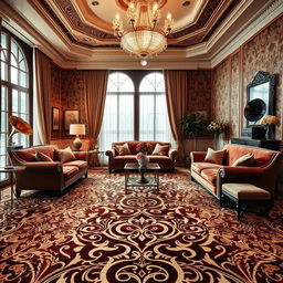 A luxurious living room inspired by the Great Gatsby era, emphasizing a stunning, ornate carpet with intricate geometric patterns typical of Art Deco design