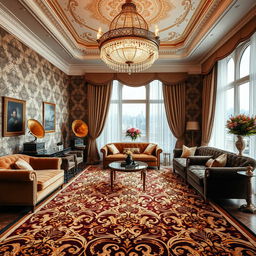 A luxurious living room inspired by the Great Gatsby era, emphasizing a stunning, ornate carpet with intricate geometric patterns typical of Art Deco design
