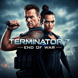 A teaser poster for the movie 'Terminator 7: End Of War (2025)' featuring Arnold Schwarzenegger and Jenna Ortega