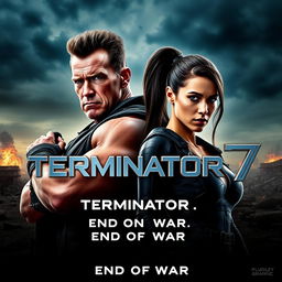 A teaser poster for the movie 'Terminator 7: End Of War (2025)' featuring Arnold Schwarzenegger and Jenna Ortega