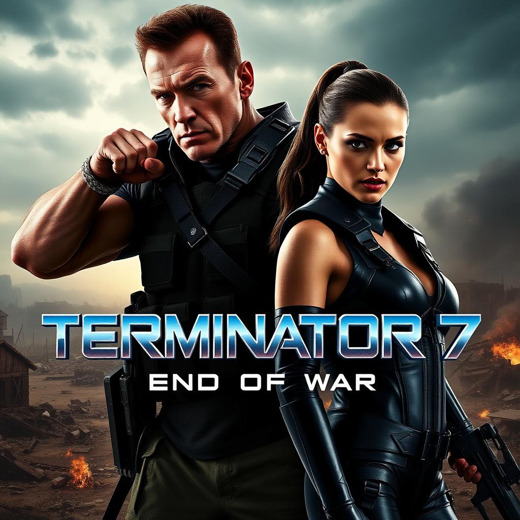 A teaser poster for the movie 'Terminator 7: End Of War (2025)' featuring Arnold Schwarzenegger and Jenna Ortega