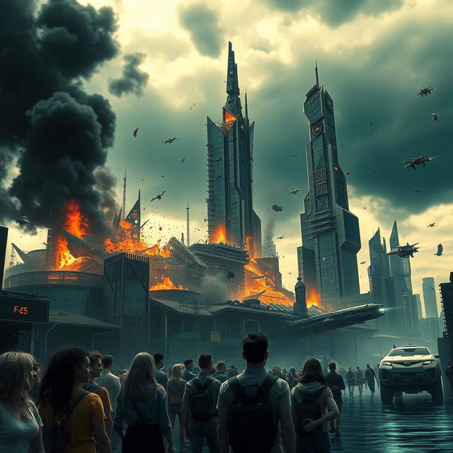 A dystopian scene depicting a chaotic destruction of a futuristic landmark known as FC 25