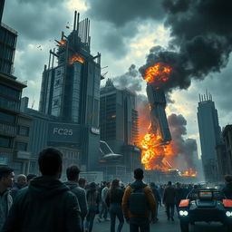 A dystopian scene depicting a chaotic destruction of a futuristic landmark known as FC 25