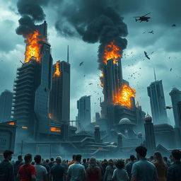 A dystopian scene depicting a chaotic destruction of a futuristic landmark known as FC 25