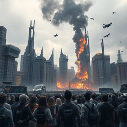 A dystopian scene depicting a chaotic destruction of a futuristic landmark known as FC 25