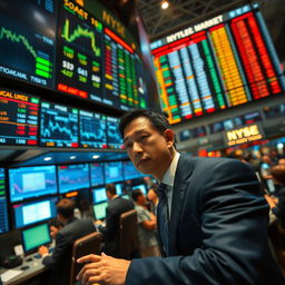 A highly detailed and dynamic scene of a trader at work in a bustling stock exchange floor