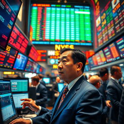 A highly detailed and dynamic scene of a trader at work in a bustling stock exchange floor