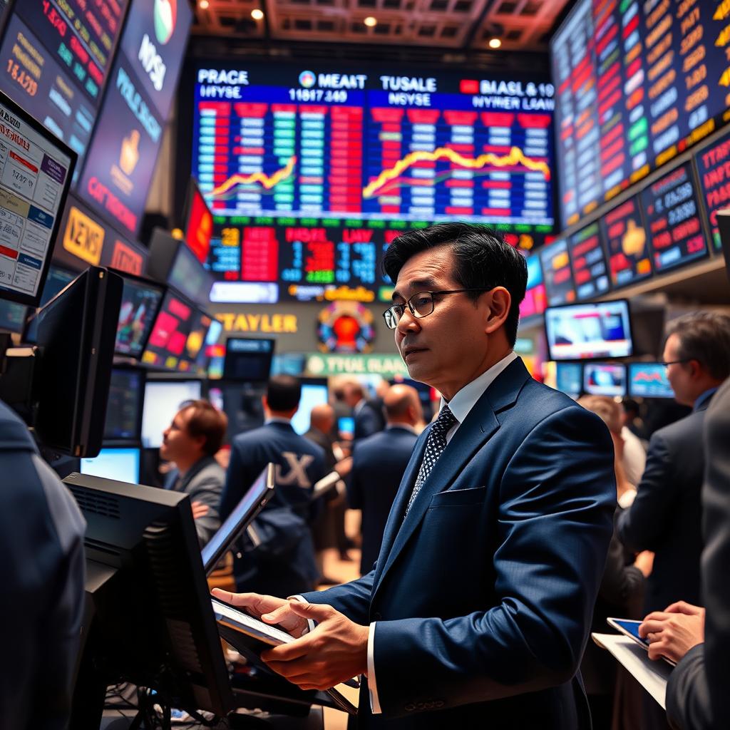 A highly detailed and dynamic scene of a trader at work in a bustling stock exchange floor