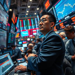A highly detailed and dynamic scene of a trader at work in a bustling stock exchange floor