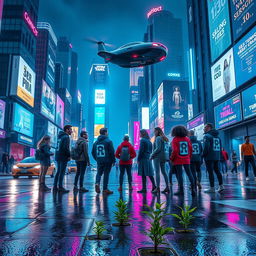 A vibrant cyberpunk cityscape at night, showcasing bright neon lights in shades of blue and pink