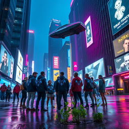 A vibrant cyberpunk cityscape at night, showcasing bright neon lights in shades of blue and pink