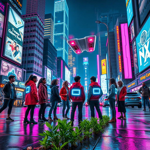 A vibrant cyberpunk cityscape at night, showcasing bright neon lights in shades of blue and pink