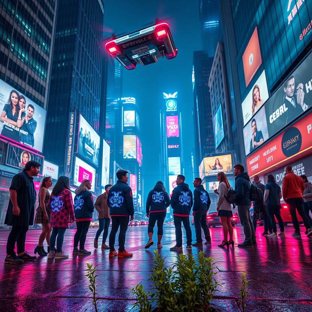 A vibrant cyberpunk cityscape at night, showcasing bright neon lights in shades of blue and pink